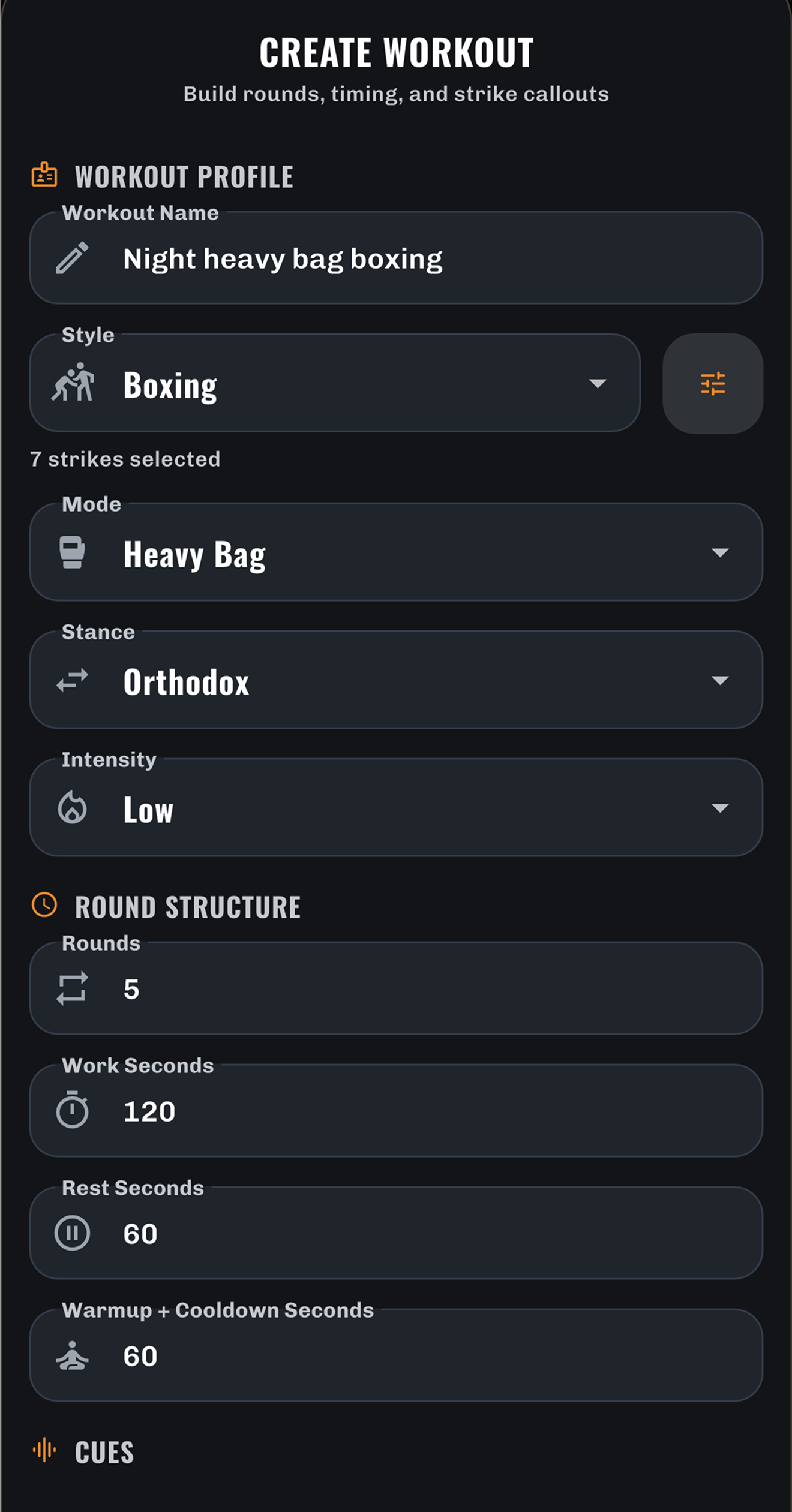 Punchy create session screen with style, mode, stance, intensity, and round settings